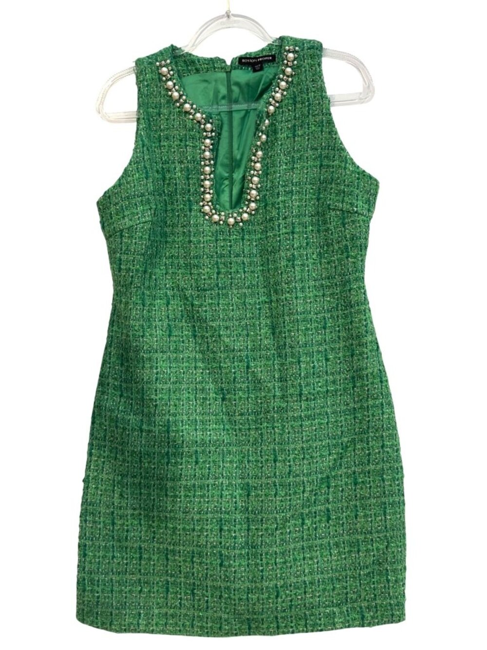 Boston Proper Green Tweed Sheath Dress Pearl Embellished Sleeveless Size 12